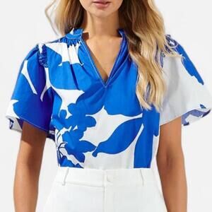 Sugarlips Yardley Floral Poplin Top Women XL Blue White Cottagecore 100% Cotton